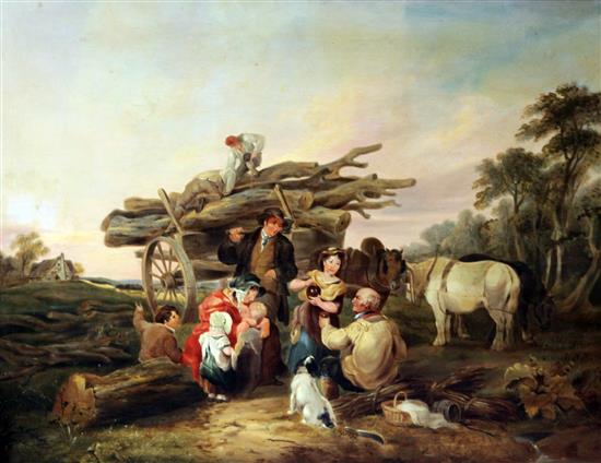 Follower of William Shayer (1787-1879) Loggers picnicing in landscape, 27 x 35.5in.